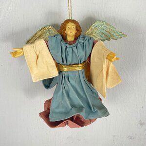 Vintage Angel Christmas Ornament Handcrafted paper mache hard plastic Blue Pink
